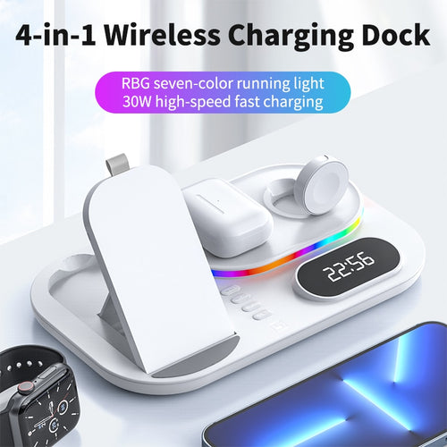 30W Fast Wireless Charger 4 in 1 Qi Charging With Time Display